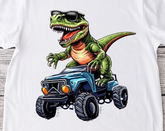 T Rex dinosaur PNG sublimation design - cool T-Rex in sunglasses riding a monster truck, instant download