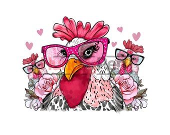 Chicken PNG sublimation design printable - 3 funny with florals wearing sunglasses vibrant color sublimation designs downloads for shirts