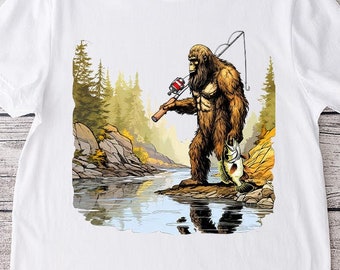 Bigfoot png Sublimation printable - fishing bigfoot in a stream sublimation designs downloads for shirts