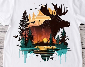 Moose PNG sublimation design - sunset and moose silhouette with trees art shirt, mugs sublimation and more instant digital downloads