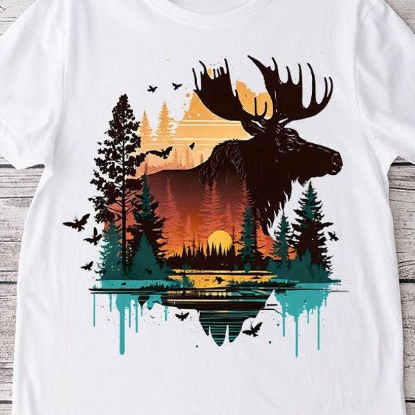 Moose PNG sublimation design - sunset and moose silhouette with trees art shirt, mugs sublimation and more instant digital downloads