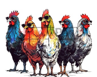 Conception de sublimation de poulet png | Des poules rigolotes avec des lunettes de soleil png | Sublimation d'animaux de ferme png | Téléchargements instantanés de haute qualité