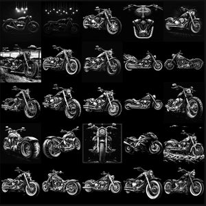 Może przedstawiać: Kolekcja 25 czarno-białych ilustracji motocykli. Motocykle są narysowane w realistycznym stylu i charakteryzują się r&oacute;żnymi szczeg&oacute;łami, takimi jak chromowane akcenty, sk&oacute;rzane siedzenia i części silnika.