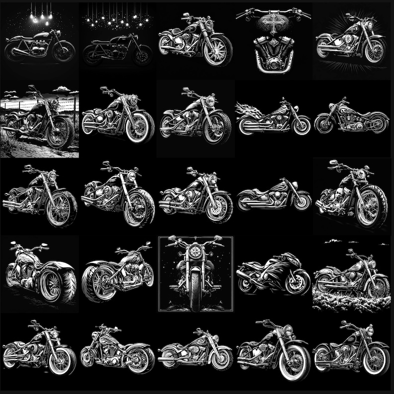 Może przedstawiać: Kolekcja 25 czarno-białych ilustracji motocykli. Motocykle są narysowane w realistycznym stylu i charakteryzują się r&oacute;żnymi szczeg&oacute;łami, takimi jak chromowane akcenty, sk&oacute;rzane siedzenia i części silnika.