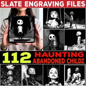 Archivos de grabado de pizarra que inquietan escenas de niños autómatas abandonados, paquete de archivos de posavasos / ilustraciones de muñecas espeluznantes / descarga instantánea / comercial