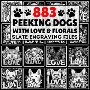 Leisteengraveerbestanden Peeking Dogs with Love en bloemen complete rassen, laserklare png-bestanden voor gravure, CNC, Lightburn, downloads