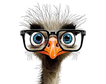 Funny Geek Ostrich PNG Sublimation Design Nerd Bird with Glasses for Shirts, Mugs, Instant Downloads
