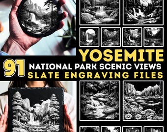 May include: Black slate coasters and square slate engravings featuring Yosemite National Park scenic views. The image includes a hand holding a round coaster with a waterfall scene. The text reads "91 National Park Scenic Views Slate Engraving Files."