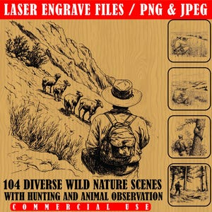 Lasergravur-Dateien bündeln wilde Natur-Szenen mit Jagd, Tierobservation, Waldwildleben, Untersetzer-Designs | sofort download