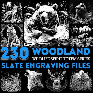 May include: A collection of 230 woodland wildlife spirit totem slate engraving files. The images include a wolf, bear, deer, and other animals.