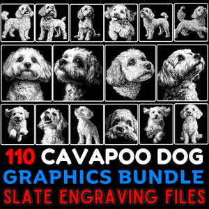 Könnte beinhalten: Ein Set mit 110 Schwarzweiß-Digitalillustrationen von Cavapoo-Hunden in verschiedenen Posen. Die Bilder sind mit "110 Cavapoo Dog Graphics Bundle Slate Engraving Files" beschriftet.