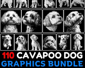 Op de afbeelding: Een set van 110 zwart-wit digitale illustraties van Cavapoo-honden in verschillende poses. De afbeeldingen zijn gelabeld met "110 Cavapoo Dog Graphics Bundle Slate Engraving Files".
