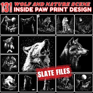 Slate engraving files wolf and nature scene inside paw print design bundle | coaster files | forest animal art | instant download commercial