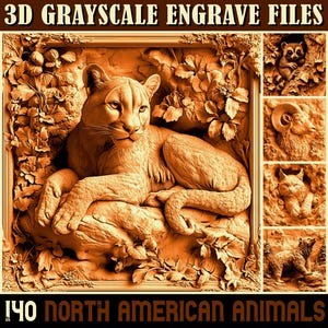 Arquivos de gravação de ilusão 3D de animais norte-americanos em paisagens selvagens para entalhe CNC, relevo a laser, designs de arte de mapa de profundidade em escala de cinza