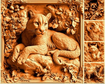 3D-illusie Graveerbestanden van Noord-Amerikaanse dieren in wildernislandschappen voor CNC-snijwerk, laserreliëf en kunstontwerpen met dieptekaart in grijstinten