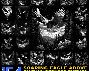 May include: A collection of 154 slate engraving files featuring soaring eagles in various poses above pine wilderness themes. The images are in black and white, with detailed depictions of eagles, trees, mountains, and starry skies.