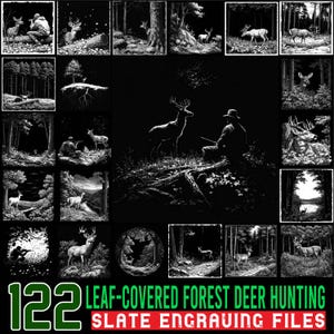 Könnte beinhalten: Eine Sammlung von Schwarz-Weiß-Illustrationen mit Hirschen in Waldumgebungen. Die Bilder zeigen Hirsche, Jäger und Waldszenen. Der Text unten lautet "122 LEAF-COVERED FOREST DEER HUNTING SLATE ENGRAVING FILES."