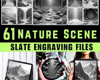 Könnte beinhalten: Eine Sammlung von Schwarz-Weiß-Natur-Szene-Schiefer-Gravurdateien. Das Bild zeigt verschiedene Landschaftsdesigns, wie Wälder, Wasserfälle und Bergketten. Der Text "61 NATURE SCENE SLATE ENGRAVING FILES" ist grün dargestellt.