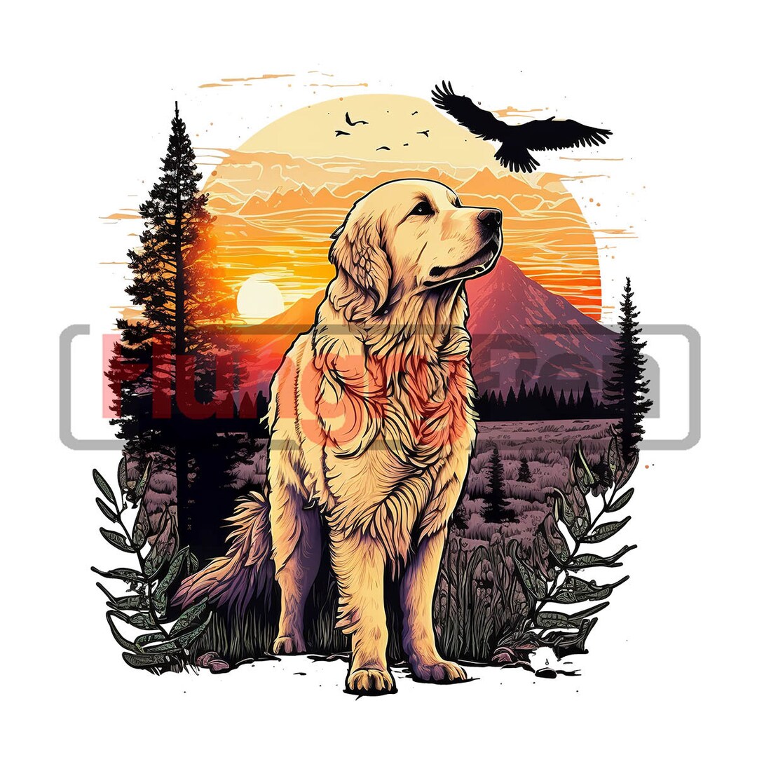 Golden Retriever PNG Sublimation Design - Cute Retro Sunset Nature ...