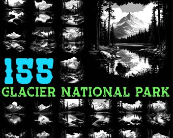 May include: A collection of 155 slate engraving files featuring black and white landscape scenes from Glacier National Park. The images include mountain ranges, lakes, and forests. The text "SLATE ENGRAVING FILES" and "GLACIER NATIONAL PARK" are displayed.