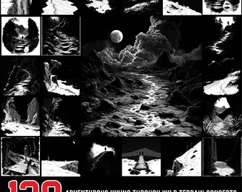 May include: A collection of 120 black and white illustrations depicting adventurous hiking through wild terrain concepts. The images showcase various landscapes, including mountain paths, cliffs, and trails, with figures traversing the scenes. The text reads "SLATE ENGRAVING FILES."