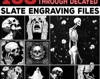 May include: A digital collection of 168 Wailing Spirits Through Decayed Slate Engraving Files featuring black and white illustrations of skulls, skeletons, ghosts, and human figures with cracked textures and floral elements in a grid layout.