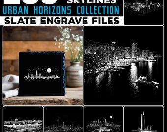 May include: A collection of 239 Icon City Skylines Urban Horizons Collection Slate Engrave Files. The image shows a black square with a skyline silhouette, a vase with white flowers, and several black and white skyline images.
