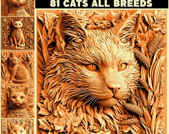 3D-reliëfgravurebestanden Kattenportret Collectie alle rassen voor CNC-snijwerk Laserdieptekaart Graveerkunst | Direct downloaden | Commercieel