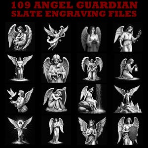 Könnte beinhalten: Eine Sammlung von 12 schwarz-weiß Engel-Illustrationen. Jedes Bild zeigt einen Engel in verschiedenen Posen, einige halten Gegenstände wie ein Baby, ein Lamm oder eine Laterne. Der Text "109 ANGEL GUARDIAN SLATE ENGRAVING FILES" befindet sich oben.