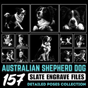 Può includere: Una collezione di 157 file di incisione digitale in bianco e nero di cani pastore australiano in varie pose. I file sono per l'incisione su ardesia.