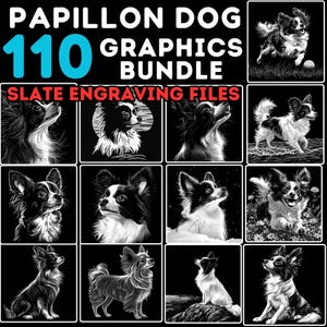 Leisteen graveerbestanden Papillon Dog grafische bundel, laserklaar PNG-gravurebestanden, CNC, Lightburn, downloads voor commercieel gebruik