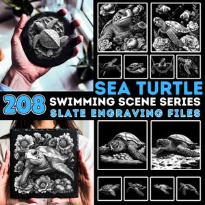 May include: A set of 208 digital files for slate engraving, featuring sea turtles in various swimming scenes. The files are part of a "Sea Turtle Swimming Scene Series".