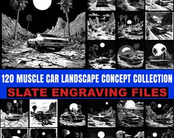 Puede incluir: Una colección de arte conceptual de paisajes de coches musculosos en blanco y negro. Las imágenes presentan coches clásicos en diversos entornos, como carreteras desérticas y puertos de montaña, con palmeras y luna llena. El texto dice "120 MUSCLE CAR LANDSCAPE CONCEPT COLLECTION" y "SLATE ENGRAVING FILES."