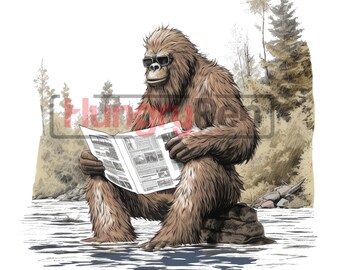 Bigfoot or Sasquatch PNG sublimation design - reading a newspaper in a stream instant digital downloads
