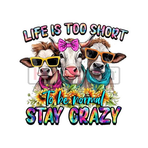 Cow PNG sublimation design printable high quality - life is too short its normal stay crazy instant digital downloads