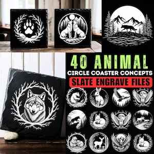 Puede incluir: Posavasos de pizarra negra con diseños de animales blancos, incluyendo una huella de pata, lobos y un lobo en una corona. La imagen también muestra varios conceptos de posavasos de animales y el texto "40 ANIMAL CIRCLE COASTER CONCEPTS SLATE ENGRAVE FILES."