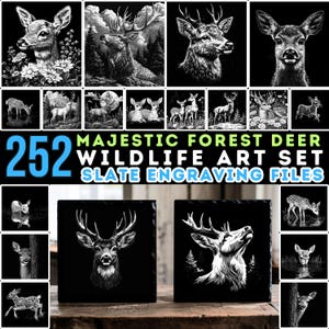 Könnte beinhalten: Eine Sammlung von Schwarz-Weiß-Hirsch-Kunstdrucken und Schiefergravuren. Das Bild zeigt verschiedene Hirschillustrationen mit dem Text "252 MAJESTIC FOREST DEER WILDLIFE ART SET SLATE ENGRAVING FILES". Die Kunst zeigt detaillierte Darstellungen von Hirschen in verschiedenen Posen.
