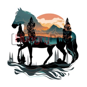 May include: A silhouette of a horse with a mountain landscape and sunset inside its body. The horse is standing in a forest with trees and bushes. The background is a white background.
