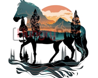 May include: A silhouette of a horse with a mountain landscape and sunset inside its body. The horse is standing in a forest with trees and bushes. The background is a white background.