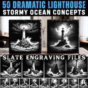 May include: Black and white slate engravings depicting lighthouses in stormy ocean settings. The image includes the text "50 DRAMATIC LIGHTHOUSE STORMY OCEAN CONCEPTS" and "SLATE ENGRAVING FILES".