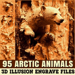May include: A detailed, sepia-toned relief sculpture featuring a polar bear emerging from a rocky surface. Additional carvings of arctic animals, including a seal, owl, and fox, are visible. The text "95 ARCTIC ANIMALS 3D ILLUSION ENGRAVE FILES" is displayed at the bottom.