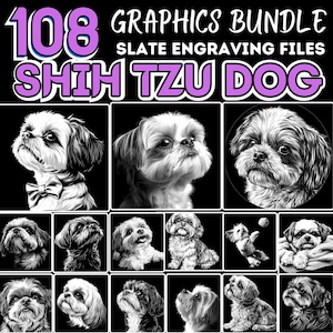 Fichiers de gravure sur ardoise Shih Tzu Dog Graphic Bundle, fichiers de gravure PNG prêts au laser, CNC, Lightburn, téléchargements pour usage commercial