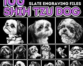 Op de afbeelding: Een digitale download van 108 afbeeldingen met Shih Tzu-honden in zwart-wit. De afbeeldingen zijn geschikt voor graveerbestanden voor leisteen.