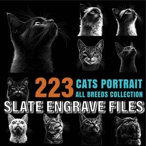 Könnte beinhalten: Schwarz-Weiß-Porträts von Katzen verschiedener Rassen. Der Text "223 CATS PORTRAIT ALL BREEDS COLLECTION SLATE ENGRAVE FILES" ist ebenfalls enthalten.