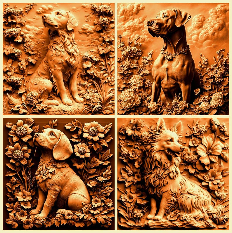 May include: Four sepia-toned images of dog sculptures surrounded by floral arrangements. Each dog is in a different pose, with detailed fur and facial features. The flowers and foliage add a decorative element to the artwork.