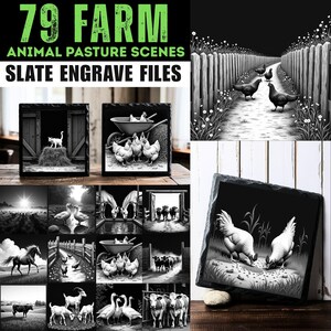 Slate engrave files featuring rustic farm animal pasture scenes for coaster and decor projects, includes PNG and JPEG instant downloads.