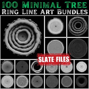May include: A collection of minimal tree ring line art bundles. The image features various grayscale illustrations of tree cross-sections, showcasing concentric circles and textured details. The text "100 MINIMAL TREE RING LINE ART BUNDLES" is at the top.