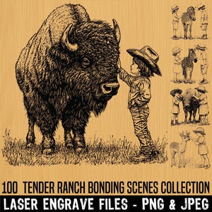 Colección de archivos de grabado láser: escenas tiernas de unión en el rancho / animales de granja, momentos emotivos, vida rústica en el campo, descarga instantánea