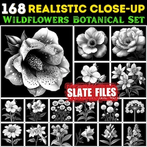 File per incisione su ardesia Set botanico di fiori selvatici realistici in primo piano / file per sottobicchieri in bundle / download immediato / uso commerciale