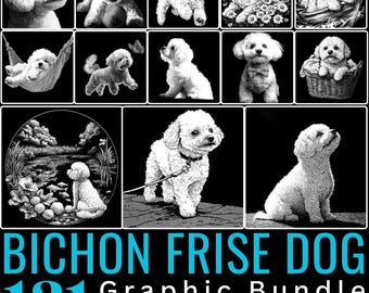 May include: A digital graphic bundle of 131 black and white images of Bichon Frise dogs in various poses. The images are suitable for slate engraving.